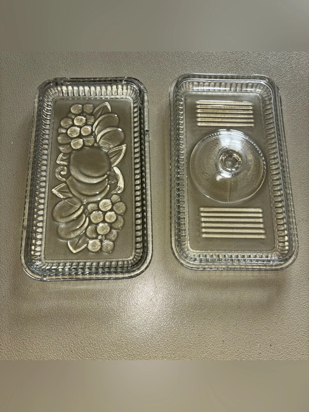 Two Vintage Federal Glass Clear Refrigerator Dish Lids no base 1 Ribbed 1 Fruit